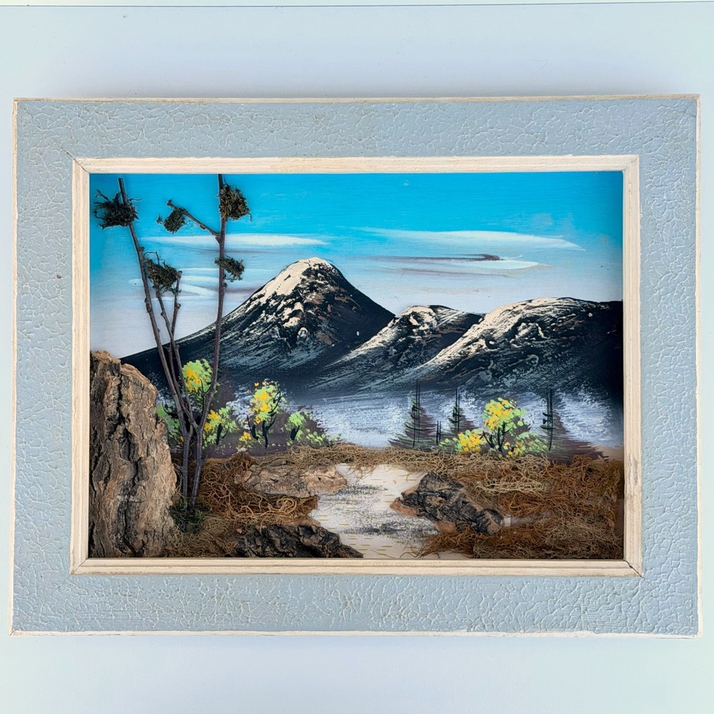 Vintage Japanese Diorama Painting 3D Shadow Box Landscape Mountain Art Deco
